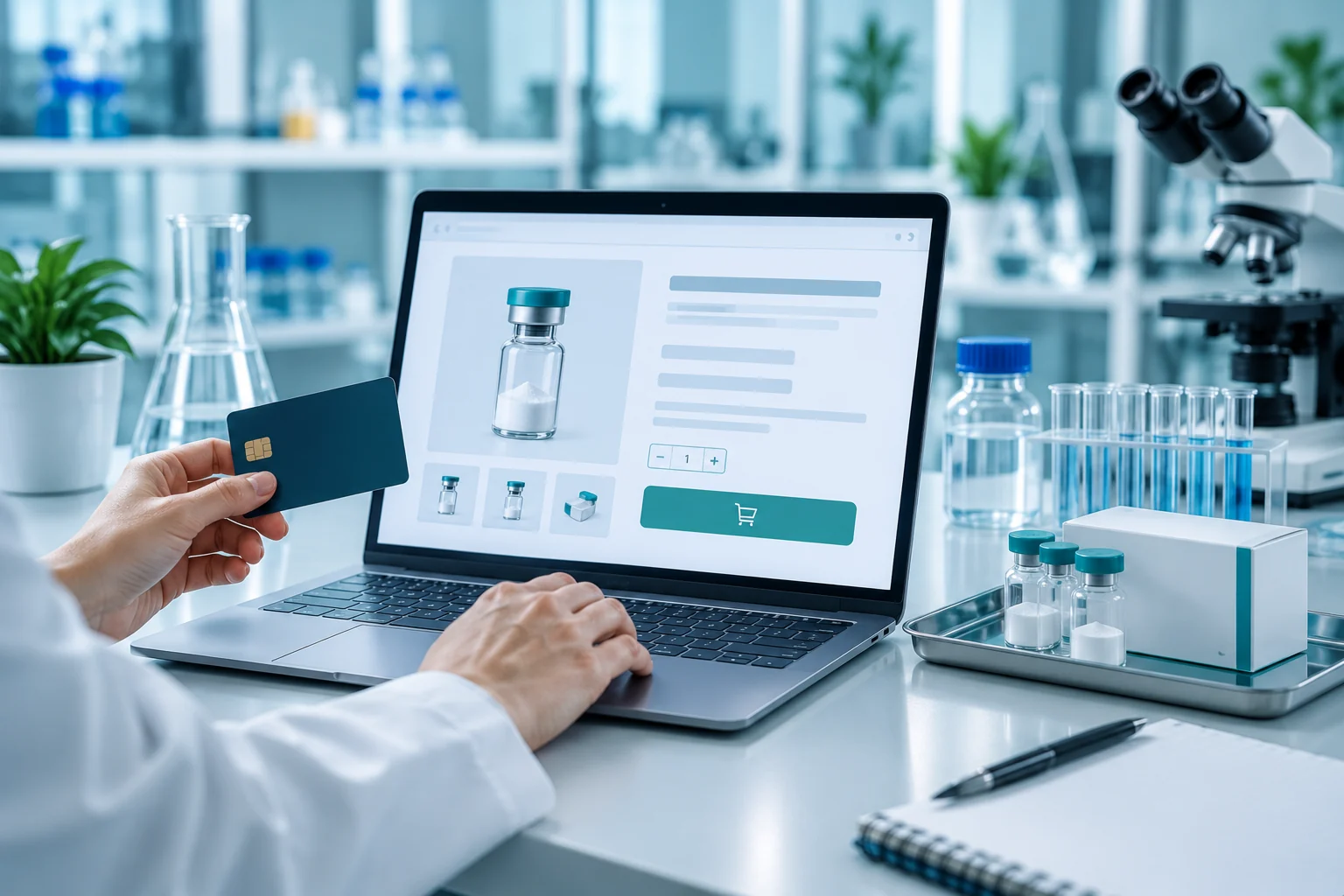 A researcher placing an order on a laptop, with a vial product listing, quantity selector and cart button on screen and a payment card in hand